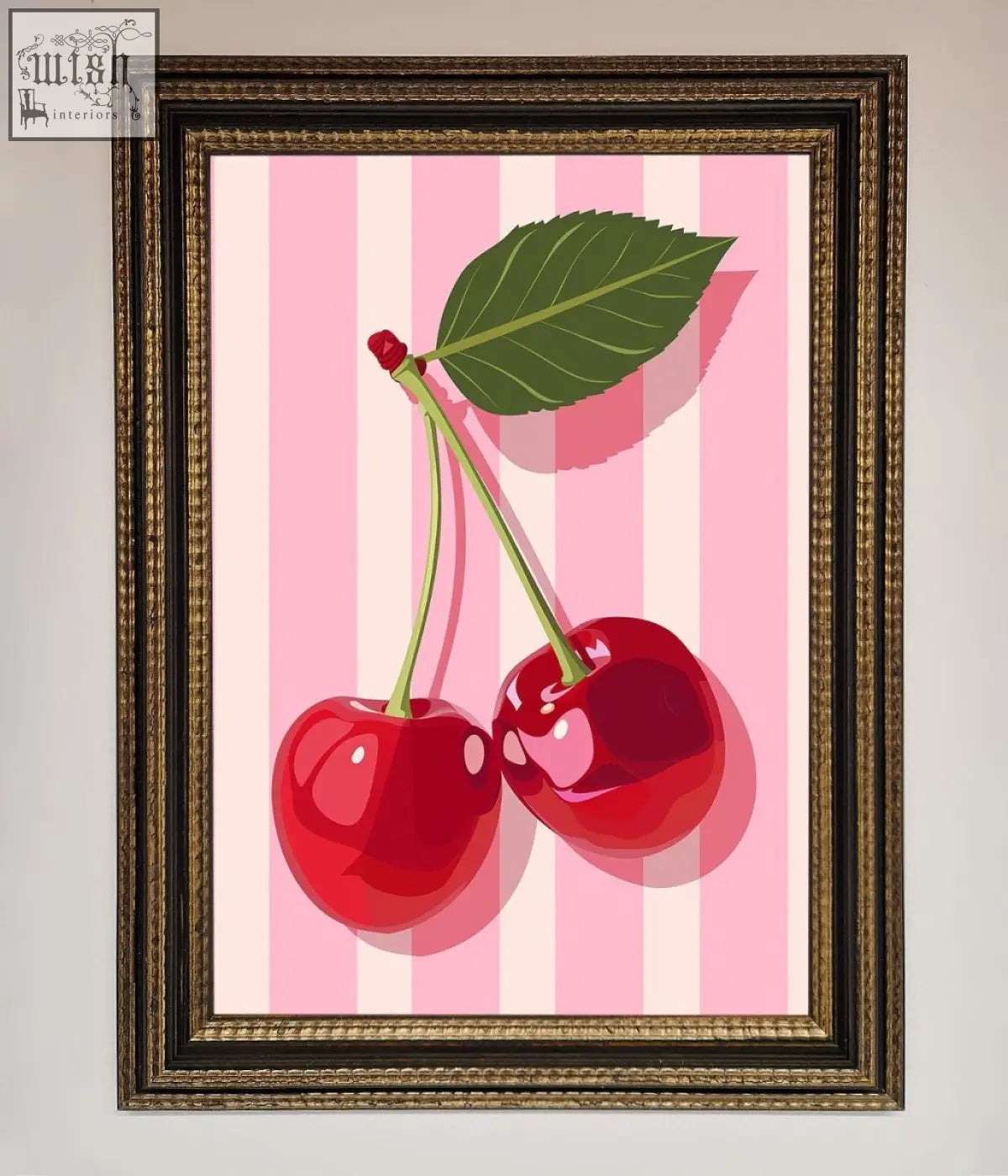 A stripes framed print featuring glossy red cherries with green stems on a pink and white striped background framed print