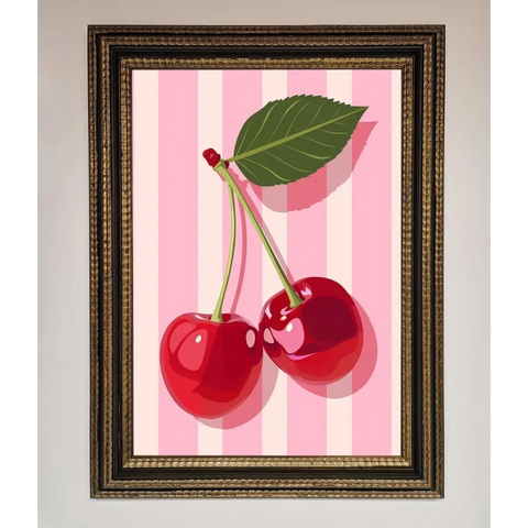 Cherries On Stripes Framed Print - A3 (29.7 x 42 cm) / Ornate Gold Black - Framed Print