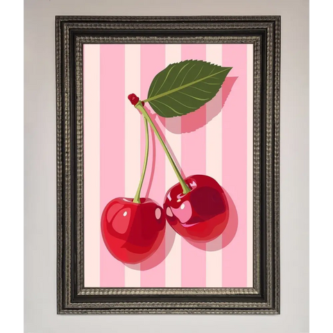 Cherries On Stripes Framed Print - A3 (29.7 x 42 cm) / Ornate Silver Black - Framed Print