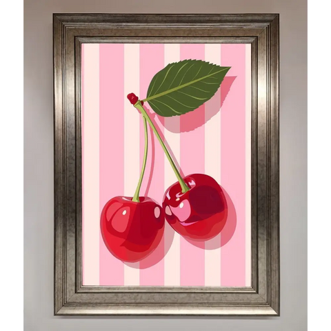 Cherries On Stripes Framed Print - A3 (29.7 x 42 cm) / Silver - Framed Print