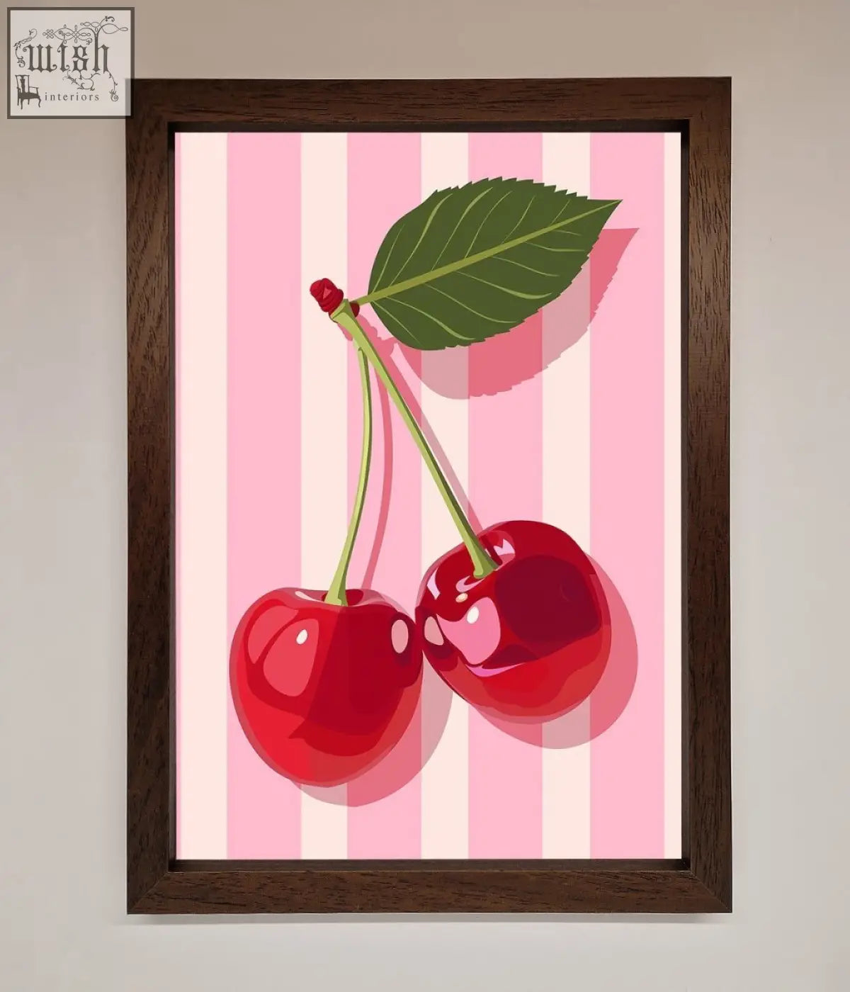 A cherries on stripes framed print featuring two glossy red cherries with green stems on pink and white stripes framed print