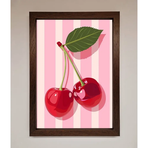 Cherries On Stripes Framed Print - A3 (29.7 x 42 cm) / Walnut - Framed Print