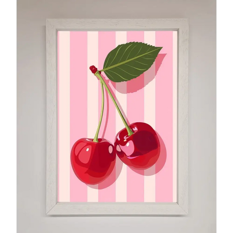 Cherries On Stripes Framed Print - A3 (29.7 x 42 cm) / White - Framed Print