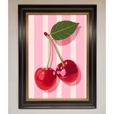 Cherries On Stripes Framed Print - B0 (100 x 141 cm) / Black Gold - Framed Print