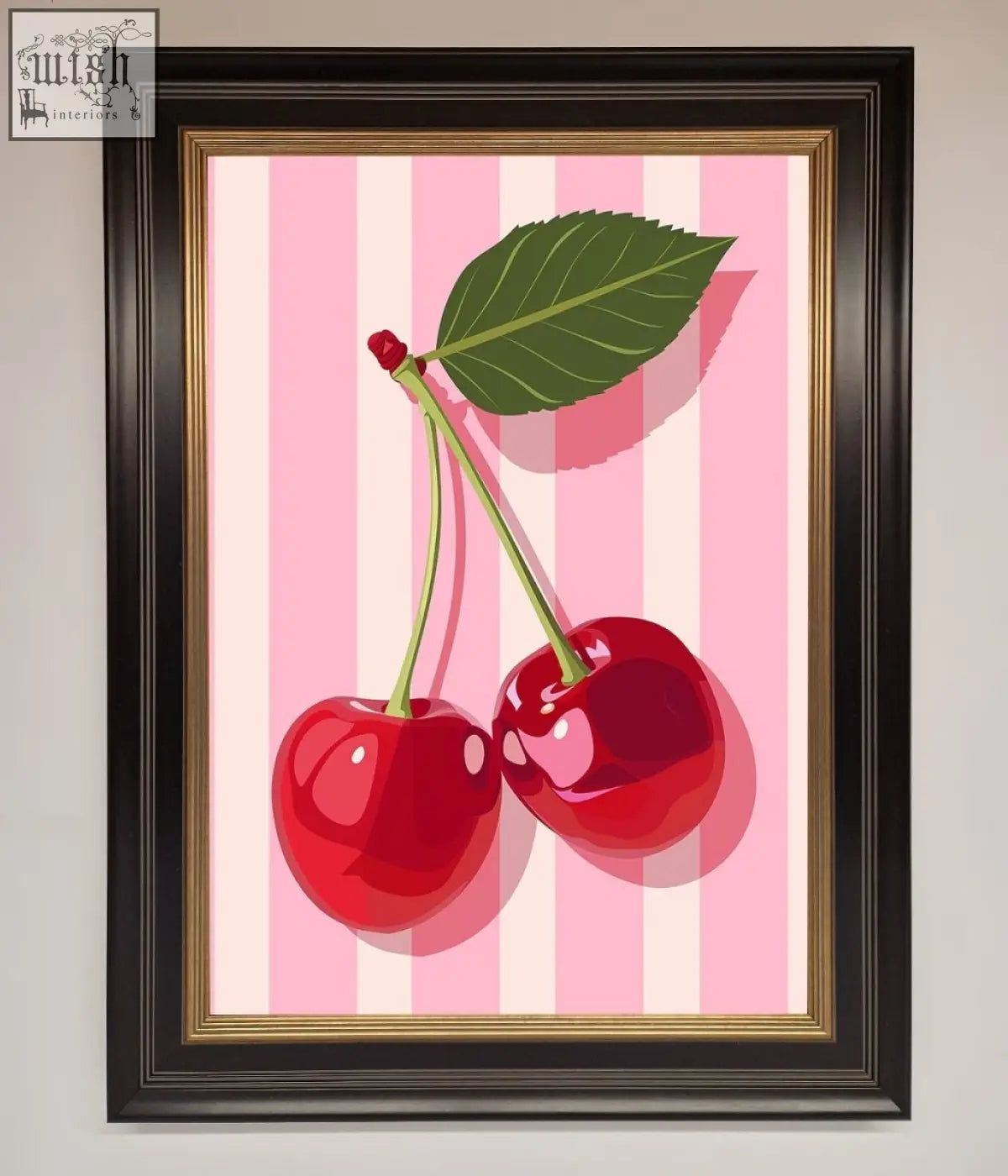 A vibrant red cherry with green stem on a pink stripes framed print with a black and gold trim framed print