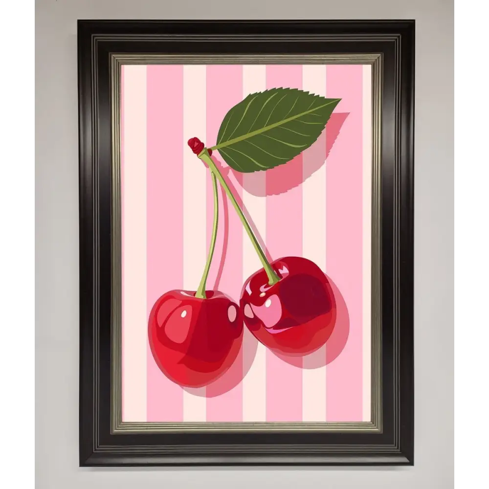 Cherries On Stripes Framed Print - B0 (100 x 141 cm) / Black Silver - Framed Print