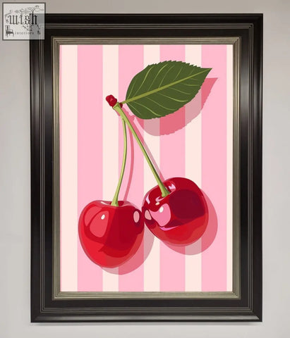 A glossy red cherries stripes framed print with green stems and leaf on a pink and white stripes framed background