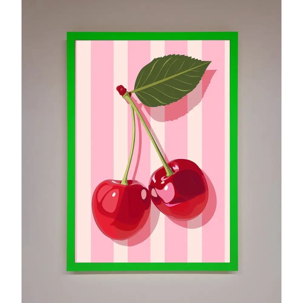 Cherries On Stripes Framed Print - B0 (100 x 141 cm) / Neon Dark Green - Framed Print