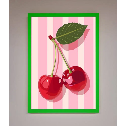 Cherries On Stripes Framed Print - B0 (100 x 141 cm) / Neon Dark Green - Framed Print
