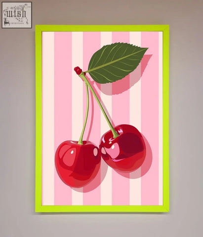 A vibrant lime green stripes framed print featuring a glossy red cherry with a dark green leaf on pink and white stripes