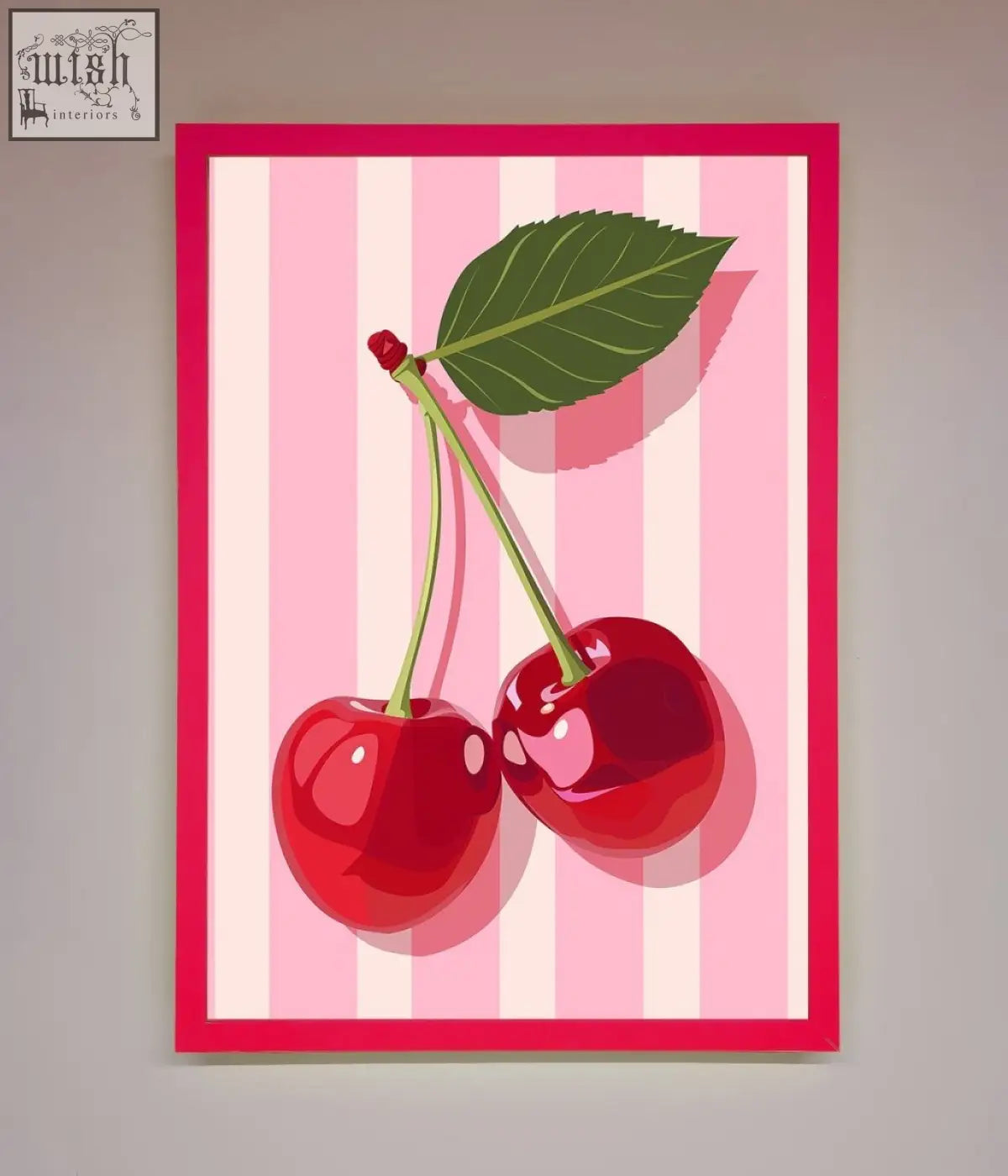 A vibrant red cherry with glossy finish and green leaf in a bold pink stripes framed print on striped background