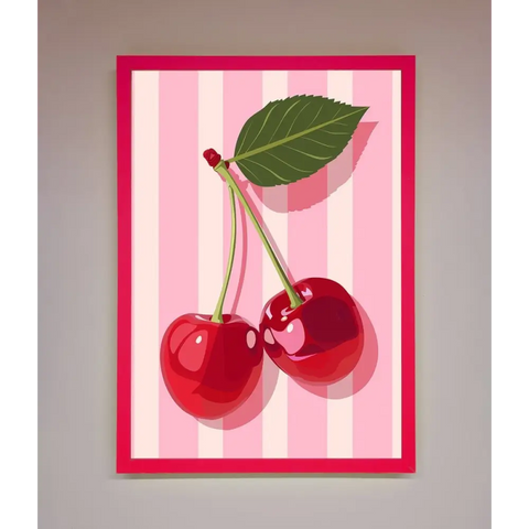 Cherries On Stripes Framed Print - B0 (100 x 141 cm) / Neon Pink - Framed Print