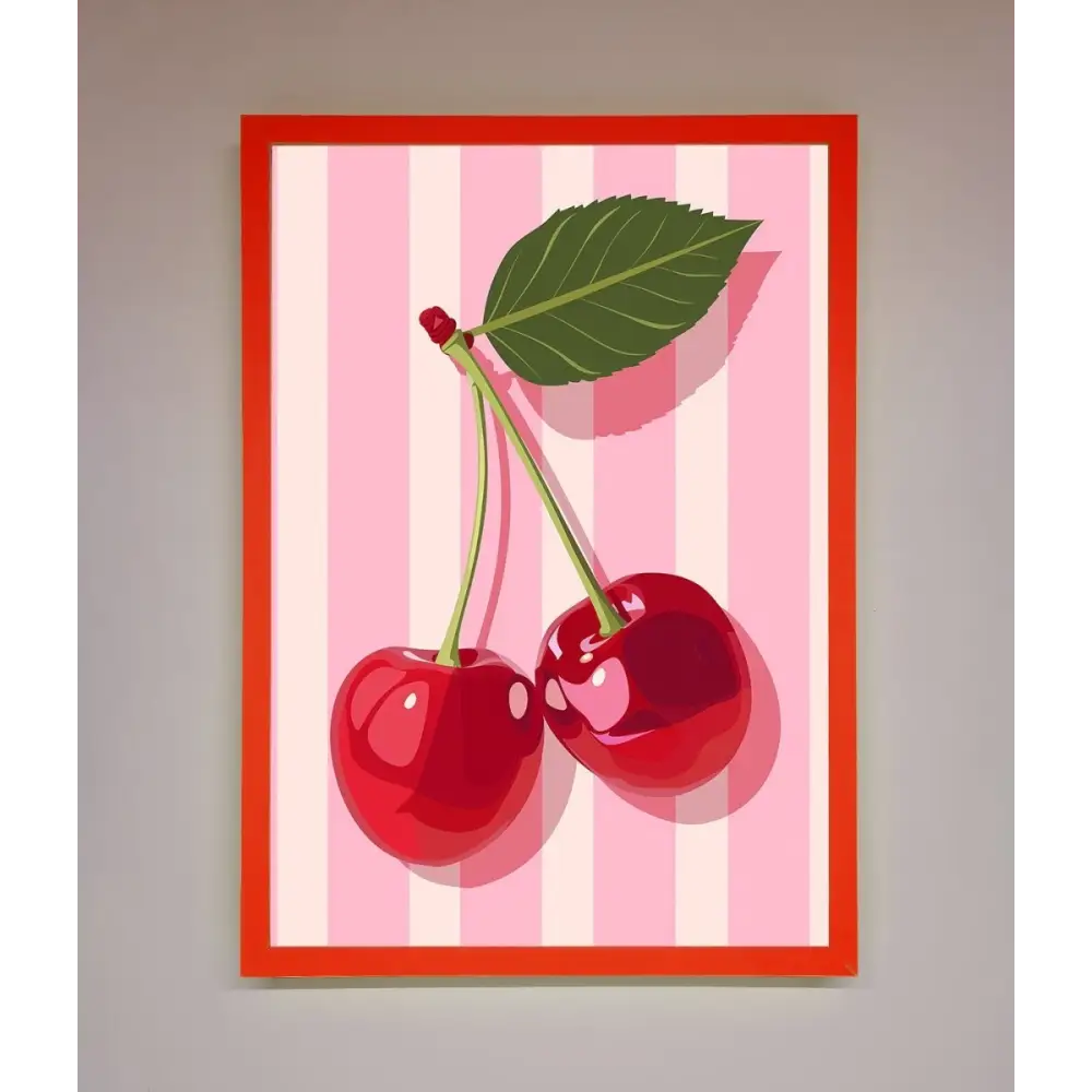 Cherries On Stripes Framed Print - B0 (100 x 141 cm) / Neon Red - Framed Print