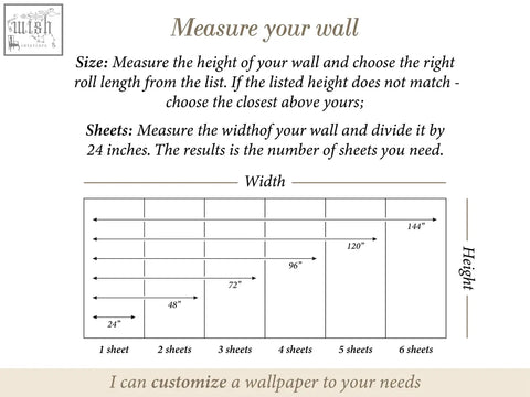 Wallpaper measurement chart for cherry blossom mural peel and stick wallpaper showing sheet count and dimensions for easy ordering process