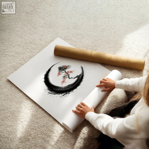 Minimalist cherry blossom painting in black and pink ink within a japandi enso circle on white paper set of 3