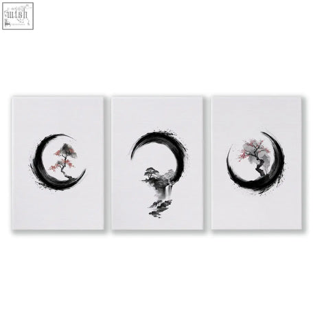 Set of three minimalist cherry blossom paintings with stylized trees inside black enso circle ink art on white canvas