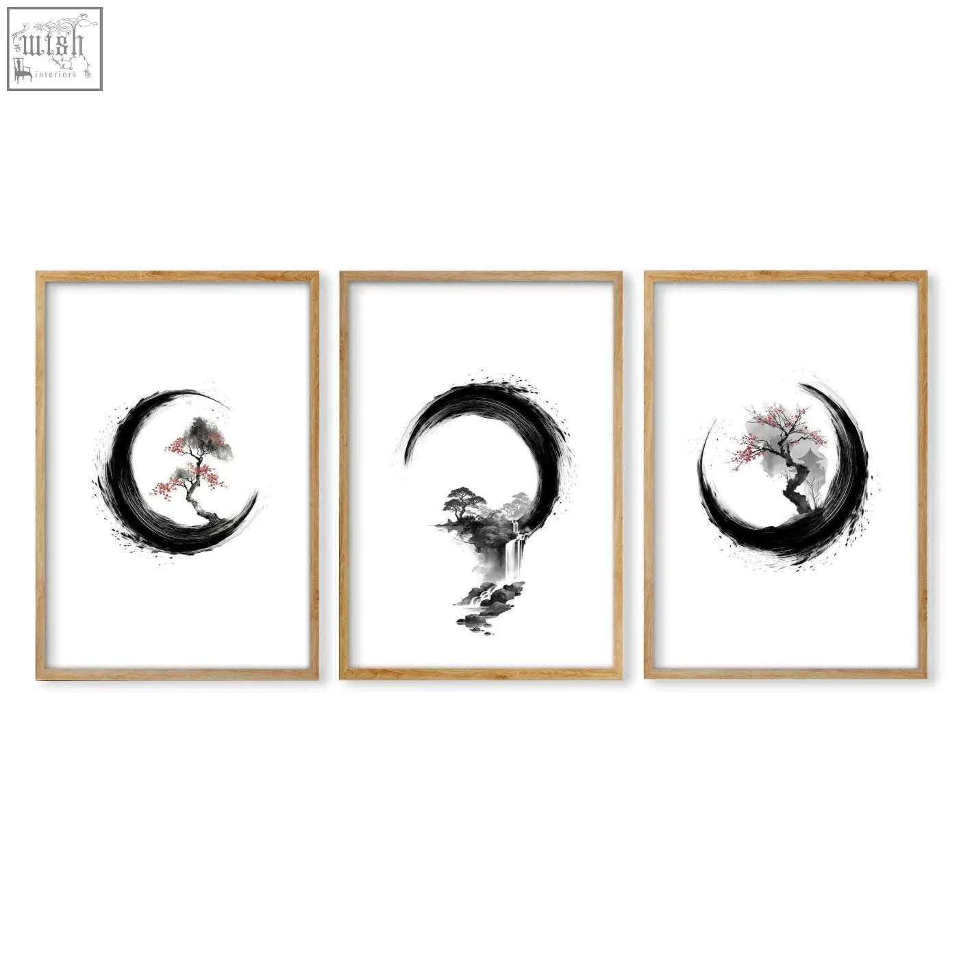 Set of three minimalist cherry blossom paintings with black crescents and delicate red gray trees in ink wash style