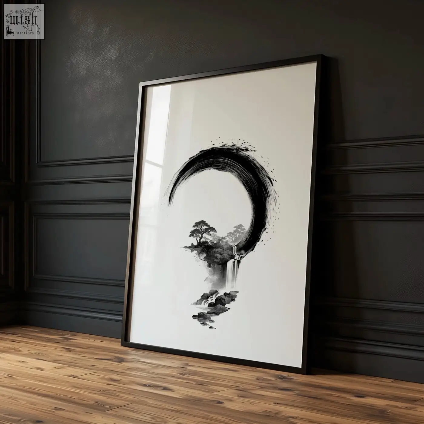 Black-framed cherry blossom painting featuring minimalist ink wash waterfall and trees inside a crescent moon shape
