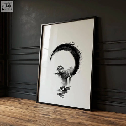 Black-framed cherry blossom painting featuring minimalist ink wash waterfall and trees inside a crescent moon shape