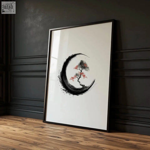Black-framed minimalist cherry blossom painting featuring a stylized ink-wash tree with red blossoms in a bold crescent shape