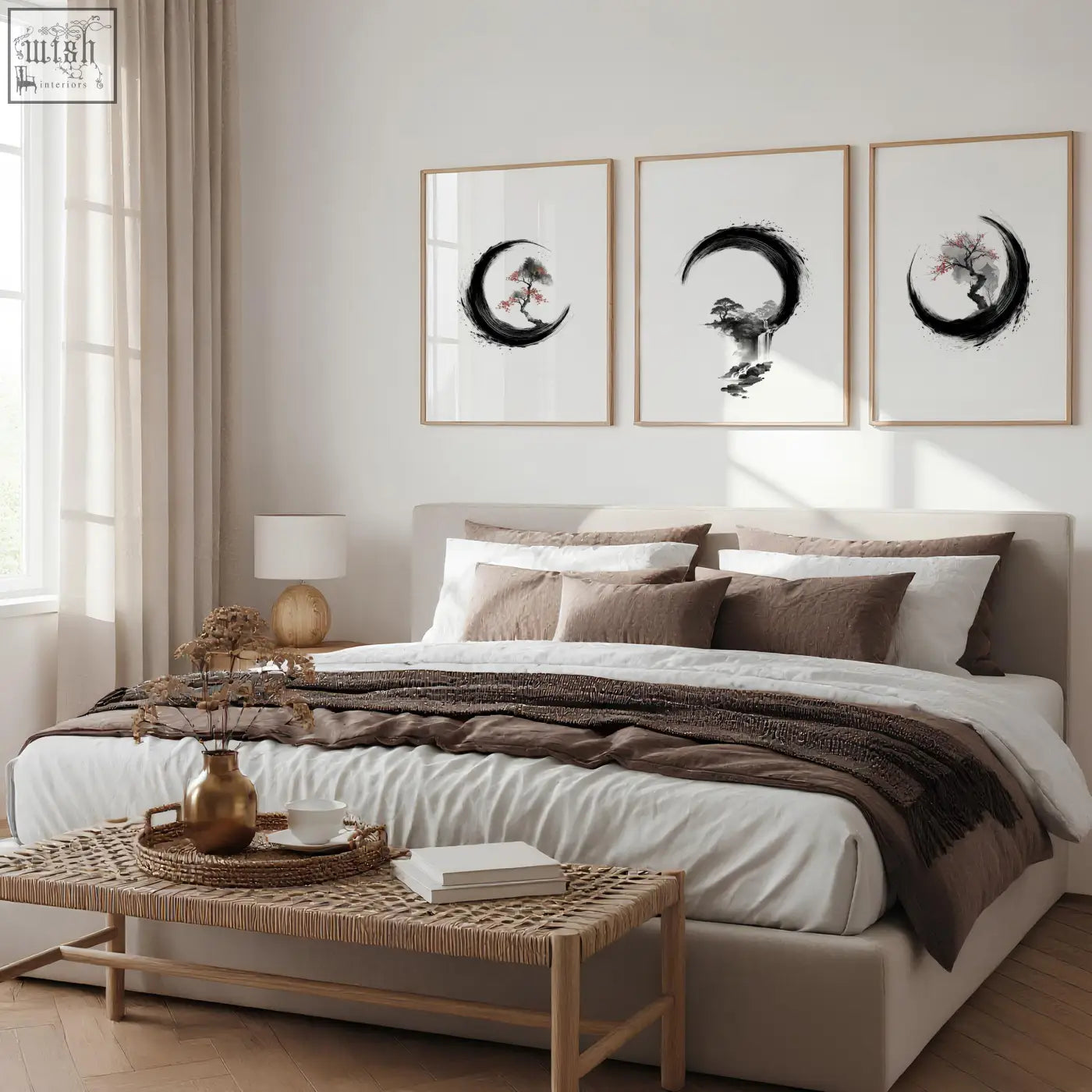 Beige upholstered bed with layered white and brown bedding next to cherry blossom painting japandi enso circle ink art set of 3