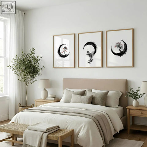 Set of 3 minimalist cherry blossom painting artworks with black ink crescent moons and tree silhouettes in light wood frames