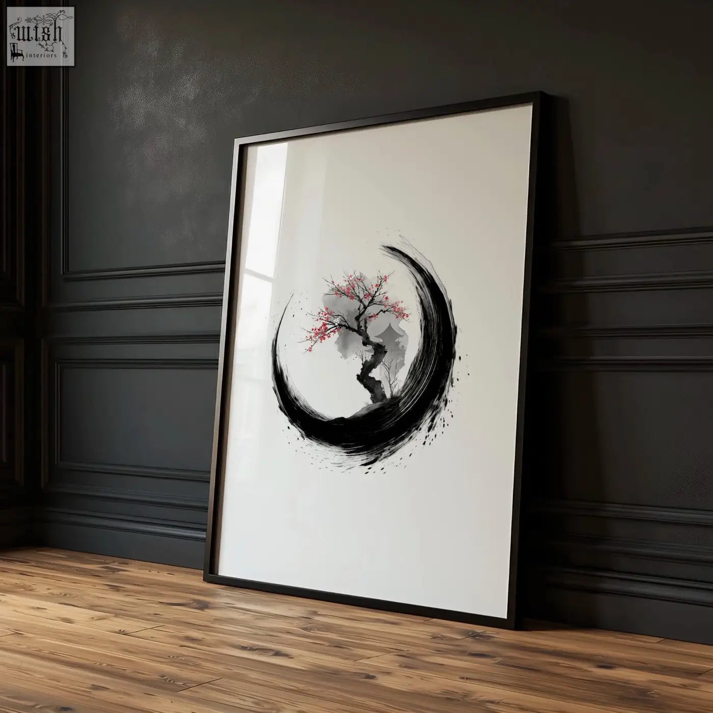 Minimalist black-framed cherry blossom painting with pink and gray ink encircled by bold black enso brushstrokes