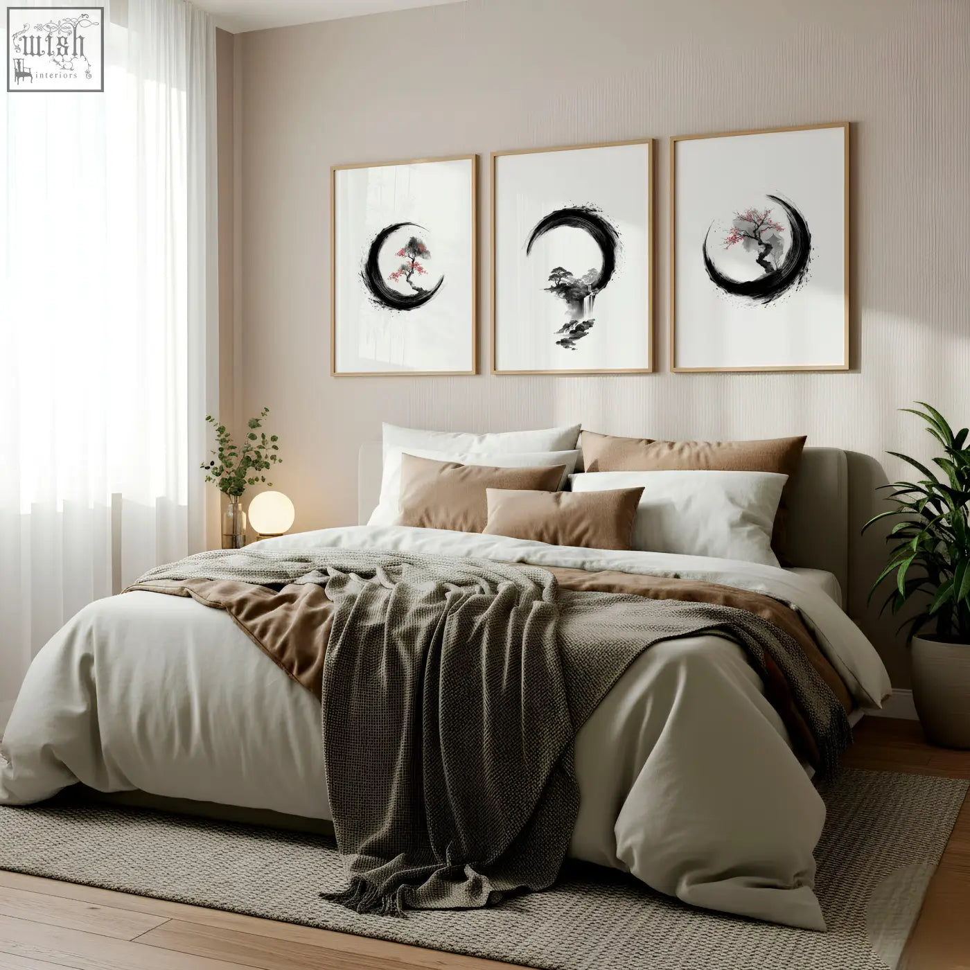 A minimalist bedroom with a cherry blossom painting set of 3 featuring ink art trees on crescent moons above the bed