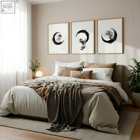 A minimalist bedroom with a cherry blossom painting set of 3 featuring ink art trees on crescent moons above the bed