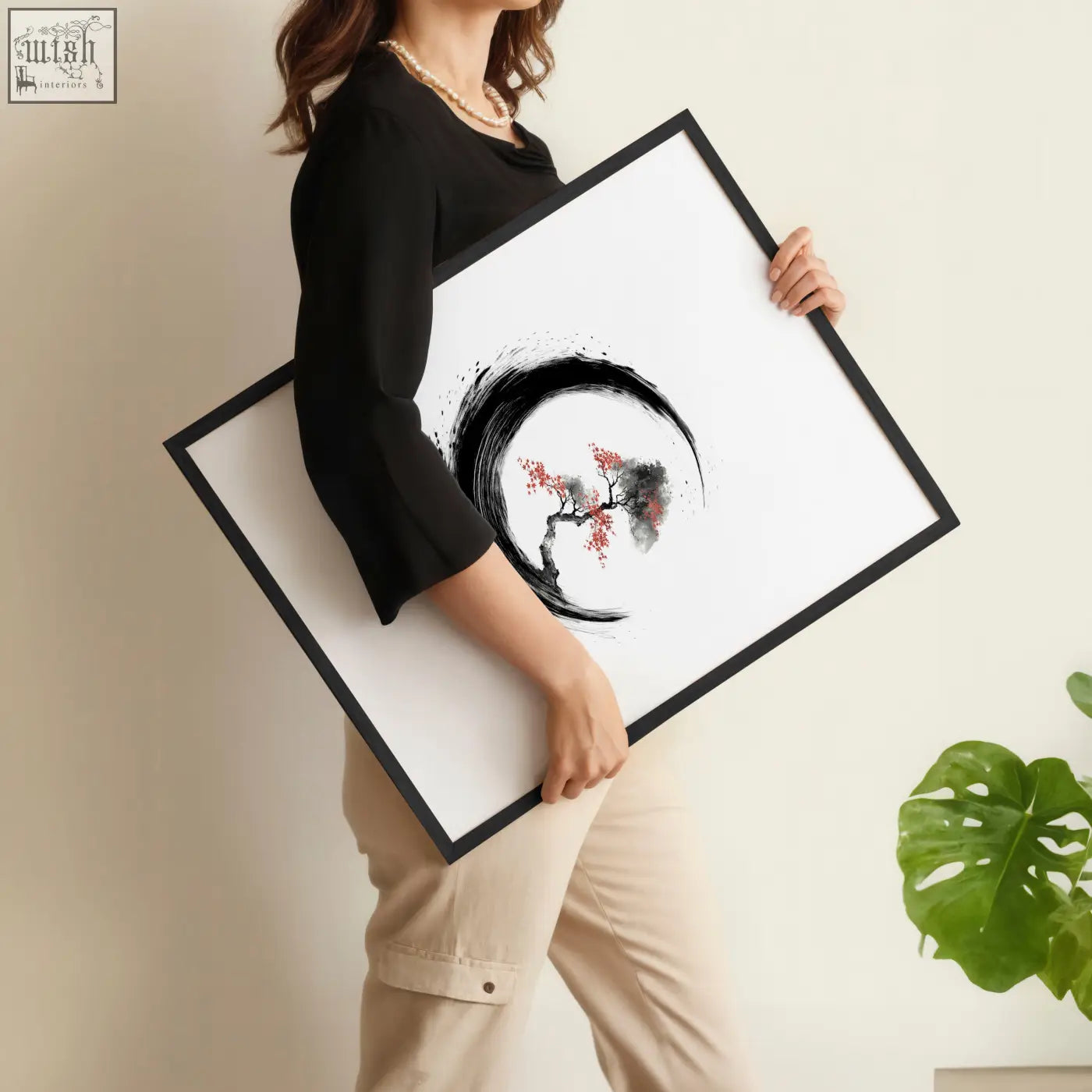 Black-framed minimalist cherry blossom painting with red blossoms and bold black ink swirl on white paper set of 3
