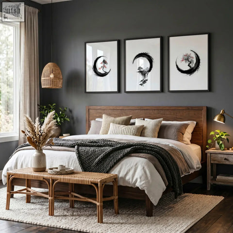 Wooden bed with dark brown finish and neutral pillows below cherry blossom painting japandi enso circle ink art set of 3