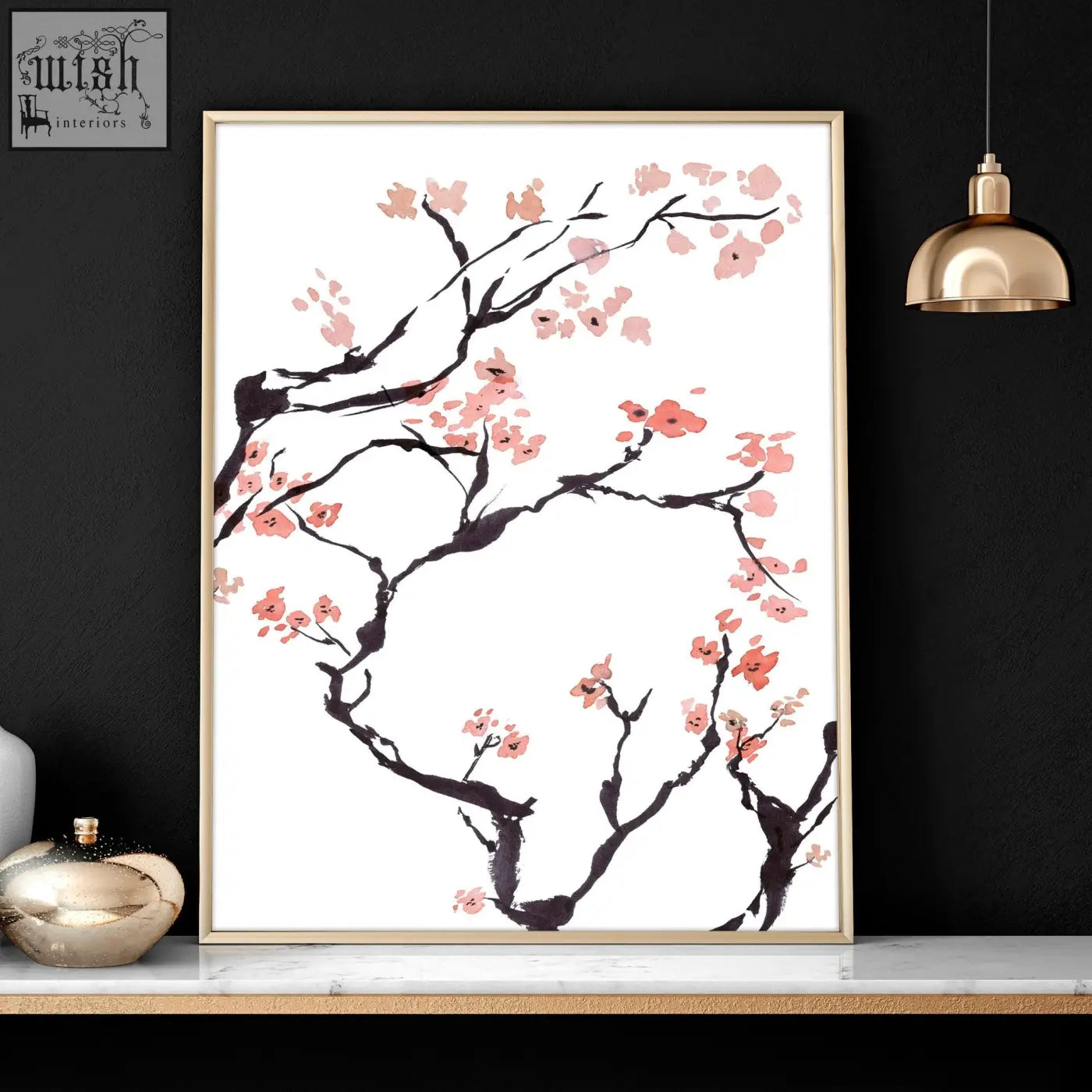 Framed wall art featuring delicate pink cherry blossom branches in a gold frame perfect for cherry blossom wall decor