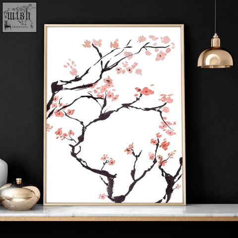 Framed wall art featuring delicate pink cherry blossom branches in a gold frame perfect for cherry blossom wall decor