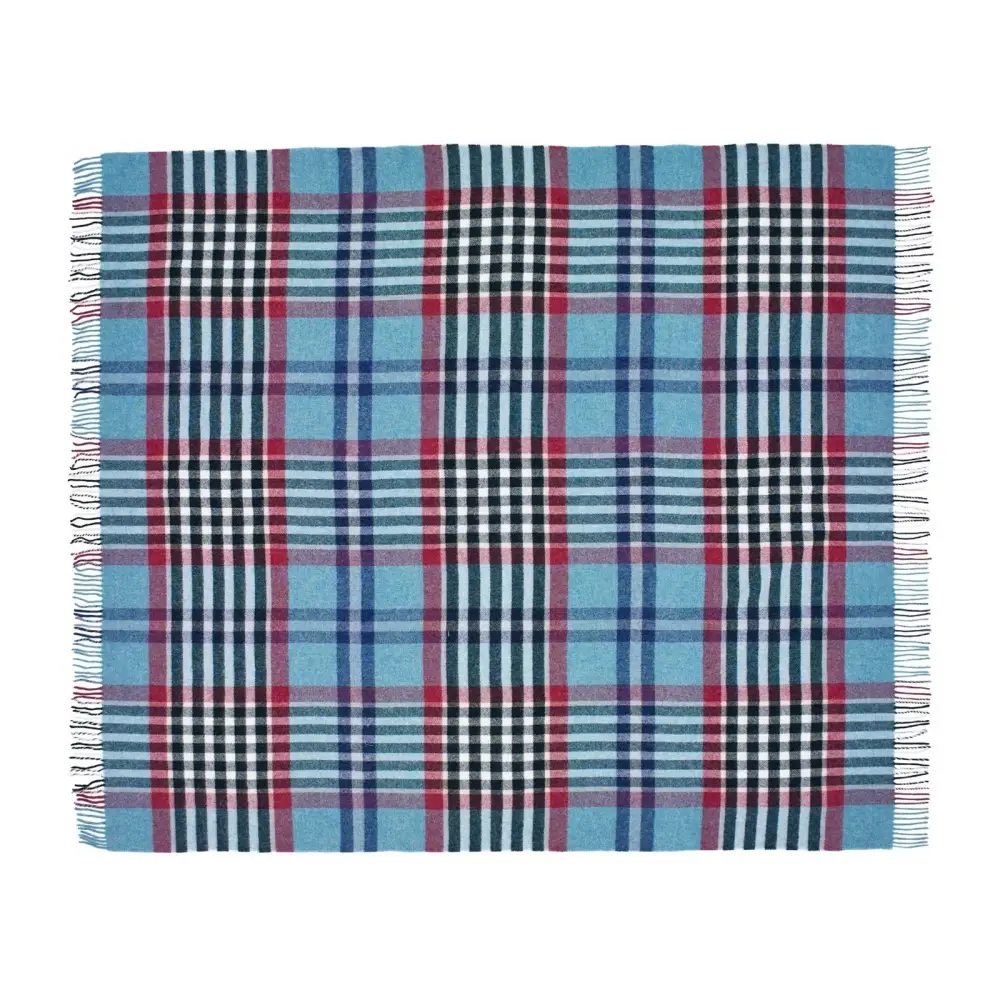 Chesil Check Pure New Wool Throw - Teal - Throws & Blankets