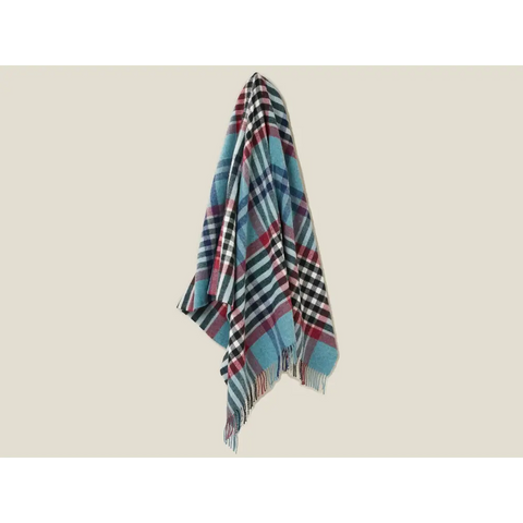 Chesil Check Pure New Wool Throw - Teal - Throws & Blankets