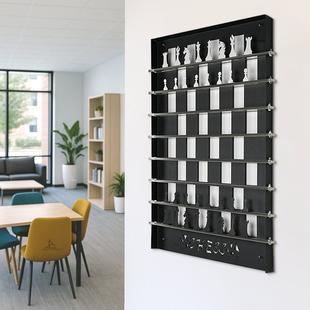 Black wall-mounted chess wall game with white and black plastic pieces arranged on two squares grid