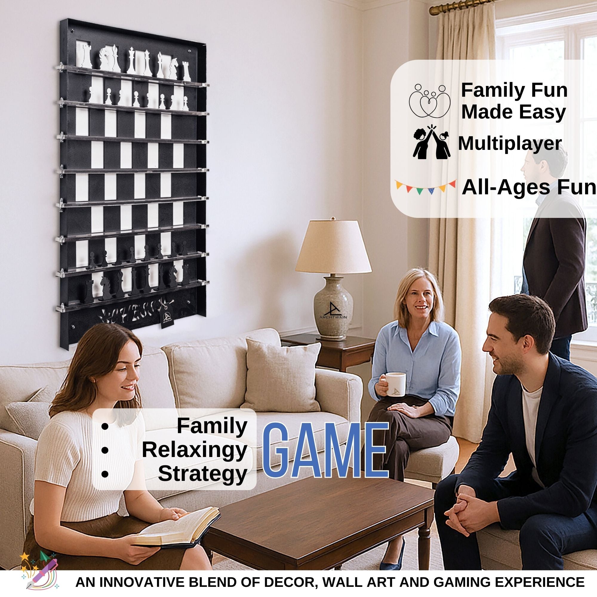 Black wall-mounted chess wall game with white and black pieces arranged on checkered board featuring two squares