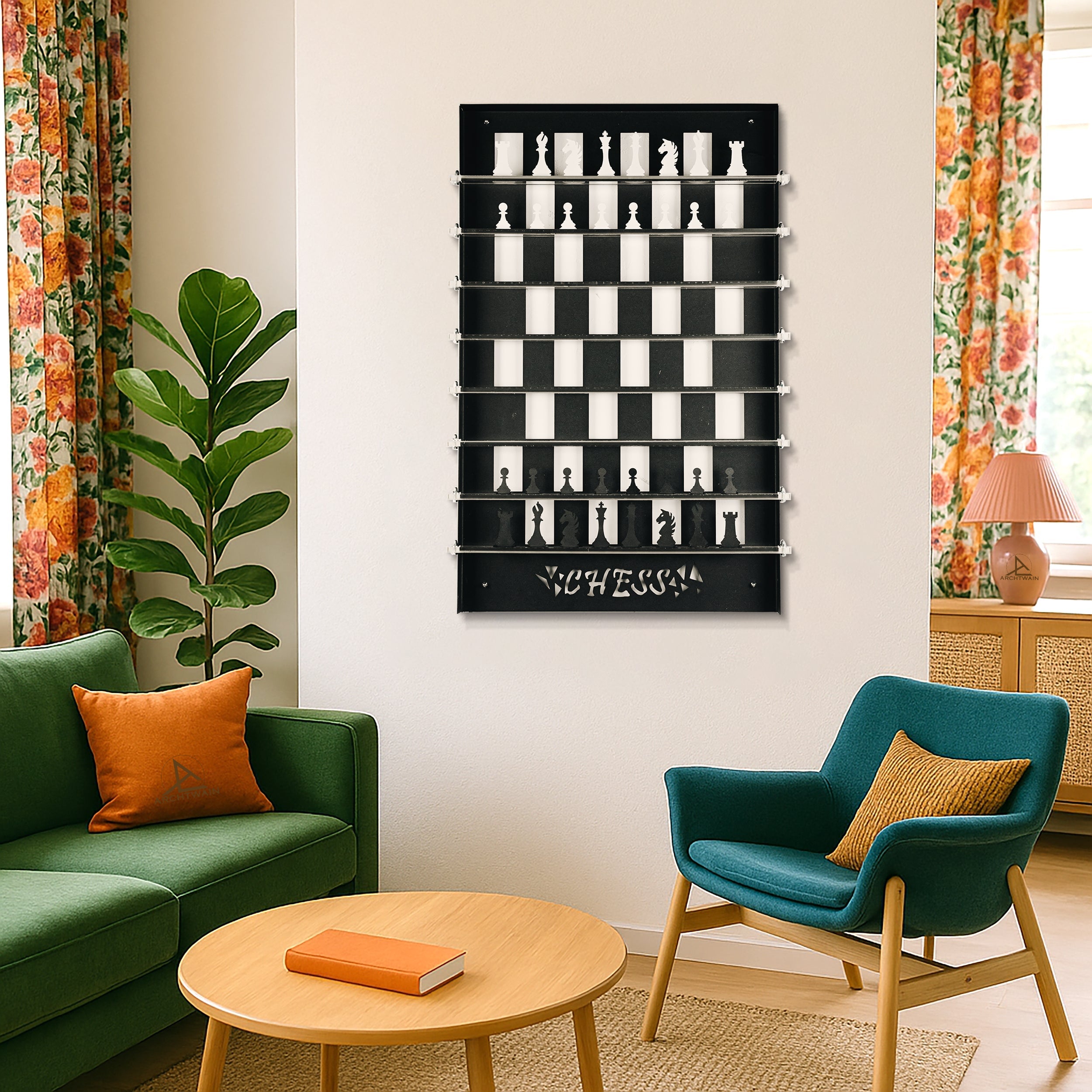 Black wall-mounted chess wall game with white and black checkered board featuring sleek modern design and two squares