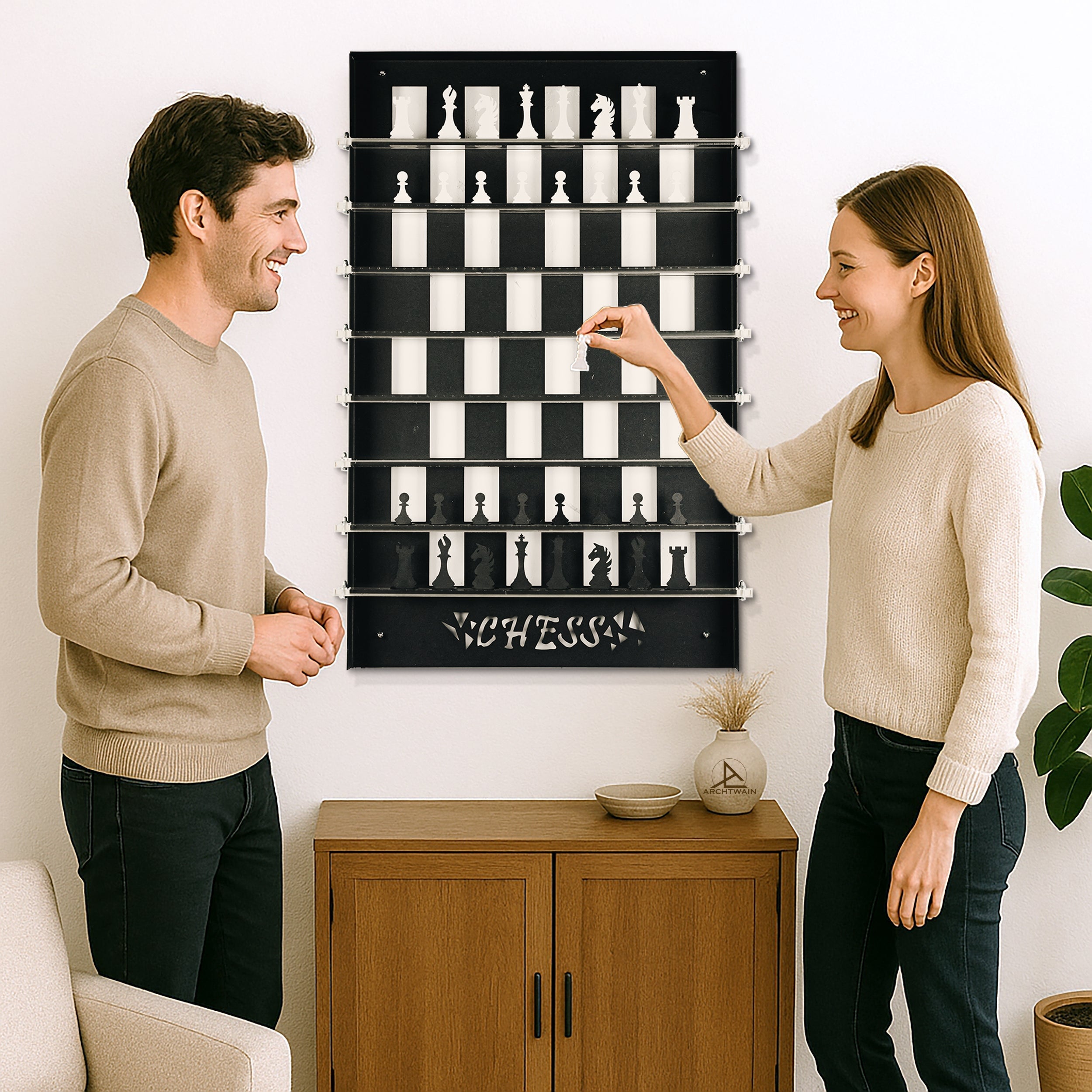 Black and white chess wall game with acrylic pieces and sleek modern design featuring two squares mounted on wall