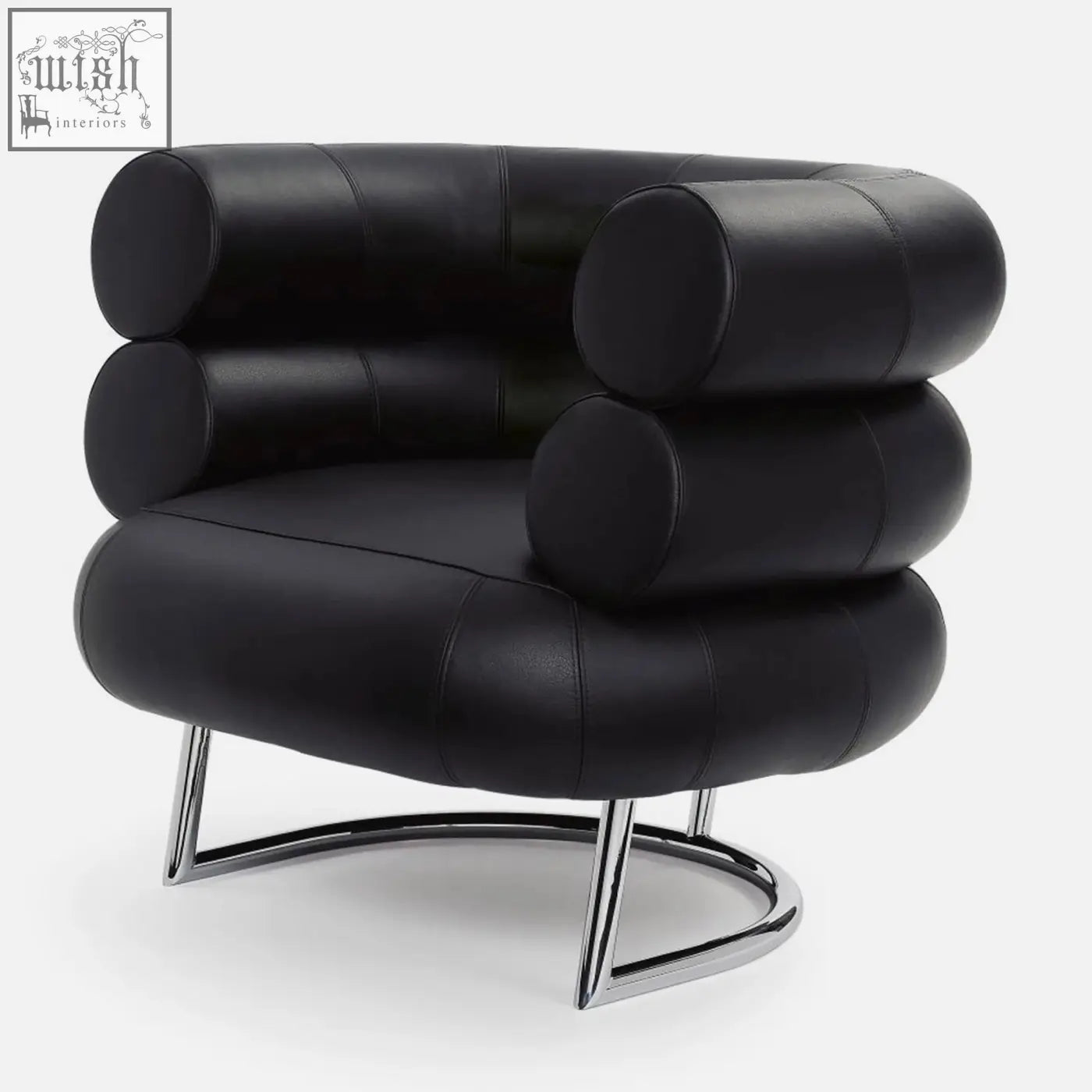 Black leather chester armchair with cylindrical stacked cushioning and chrome metal legs for stylish seating