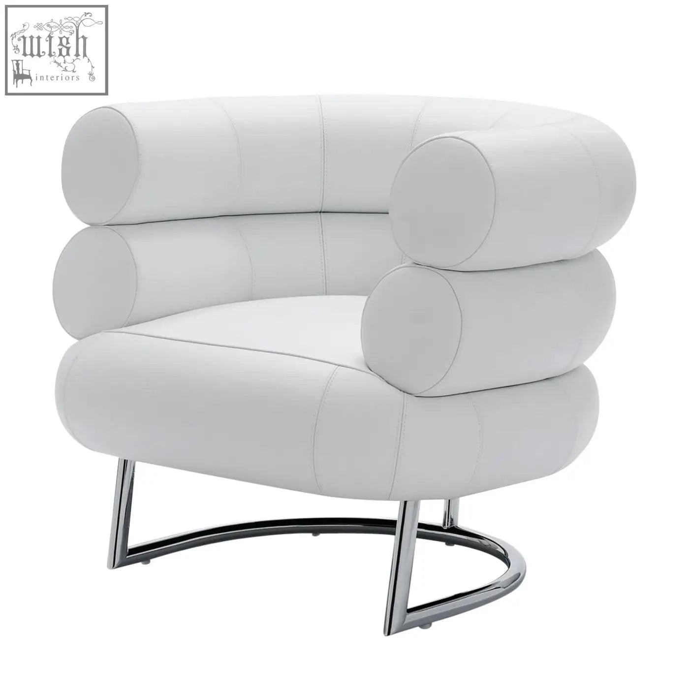 White leather chester armchair with cylindrical stacked cushioning and sleek chrome base for modern living spaces