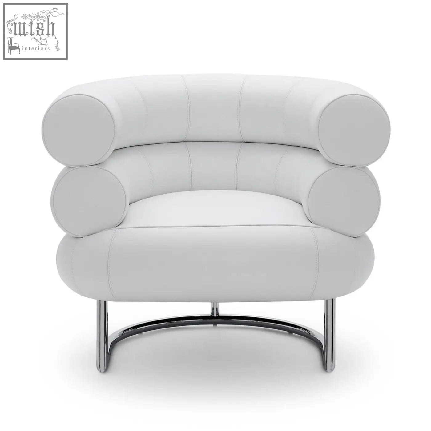 White leather chester armchair with rounded segmented cushions and chrome curved legs for stylish seating