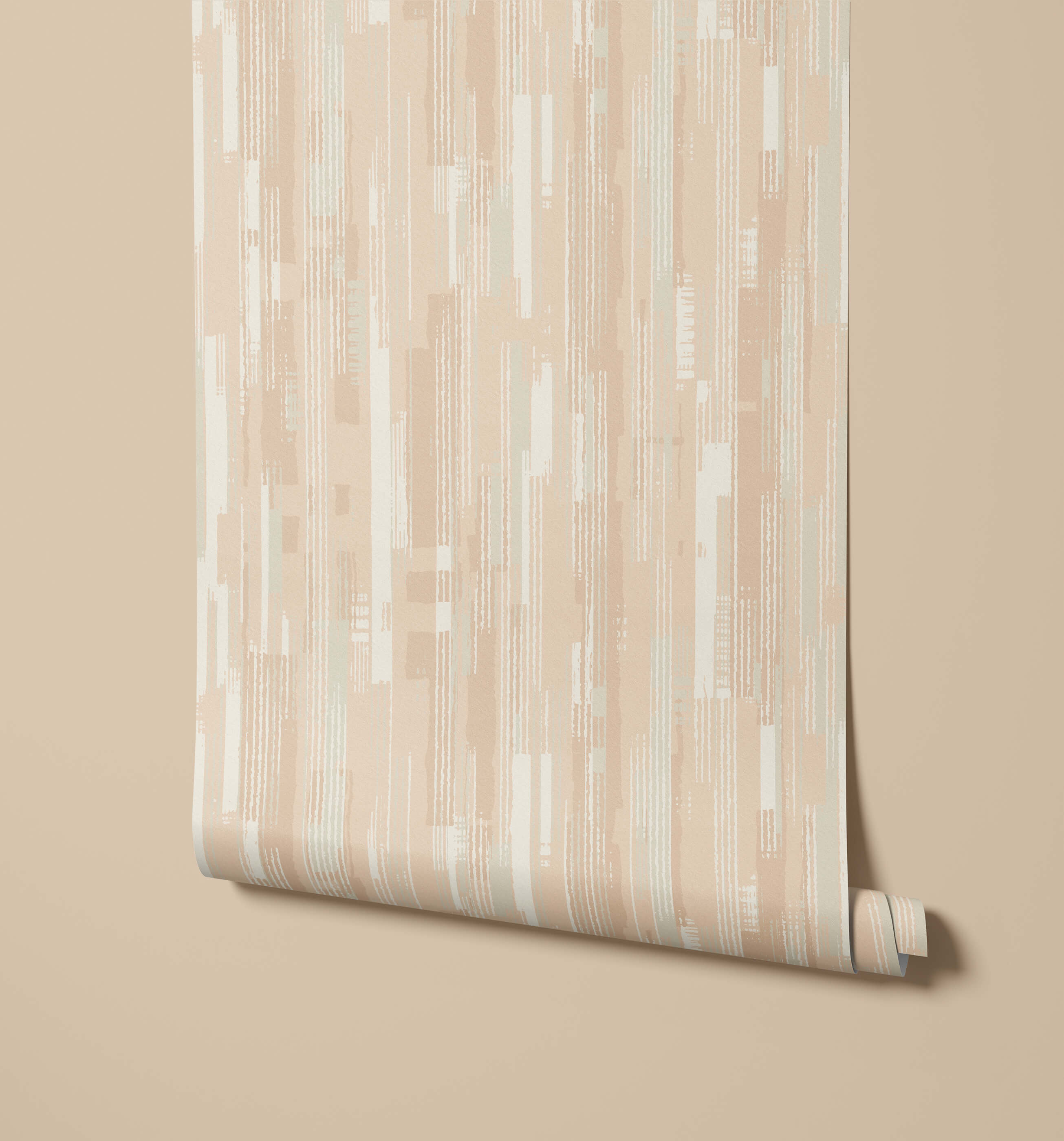 A roll of chester beige wallpaper with a modern abstract pattern of vertical stripes in cream and pale mint tones