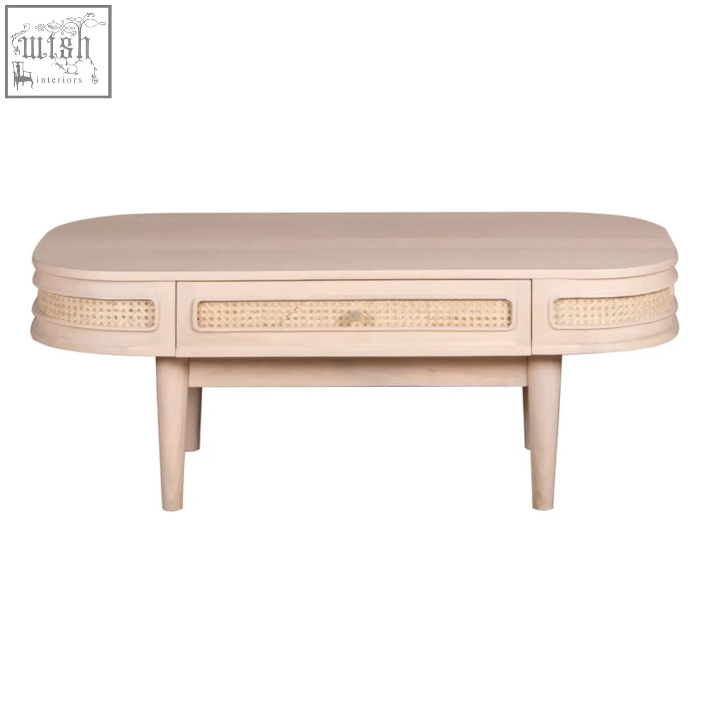 Beige oval chester cane and wood coffee table with woven cane accents and 1 drawer made from natural materials