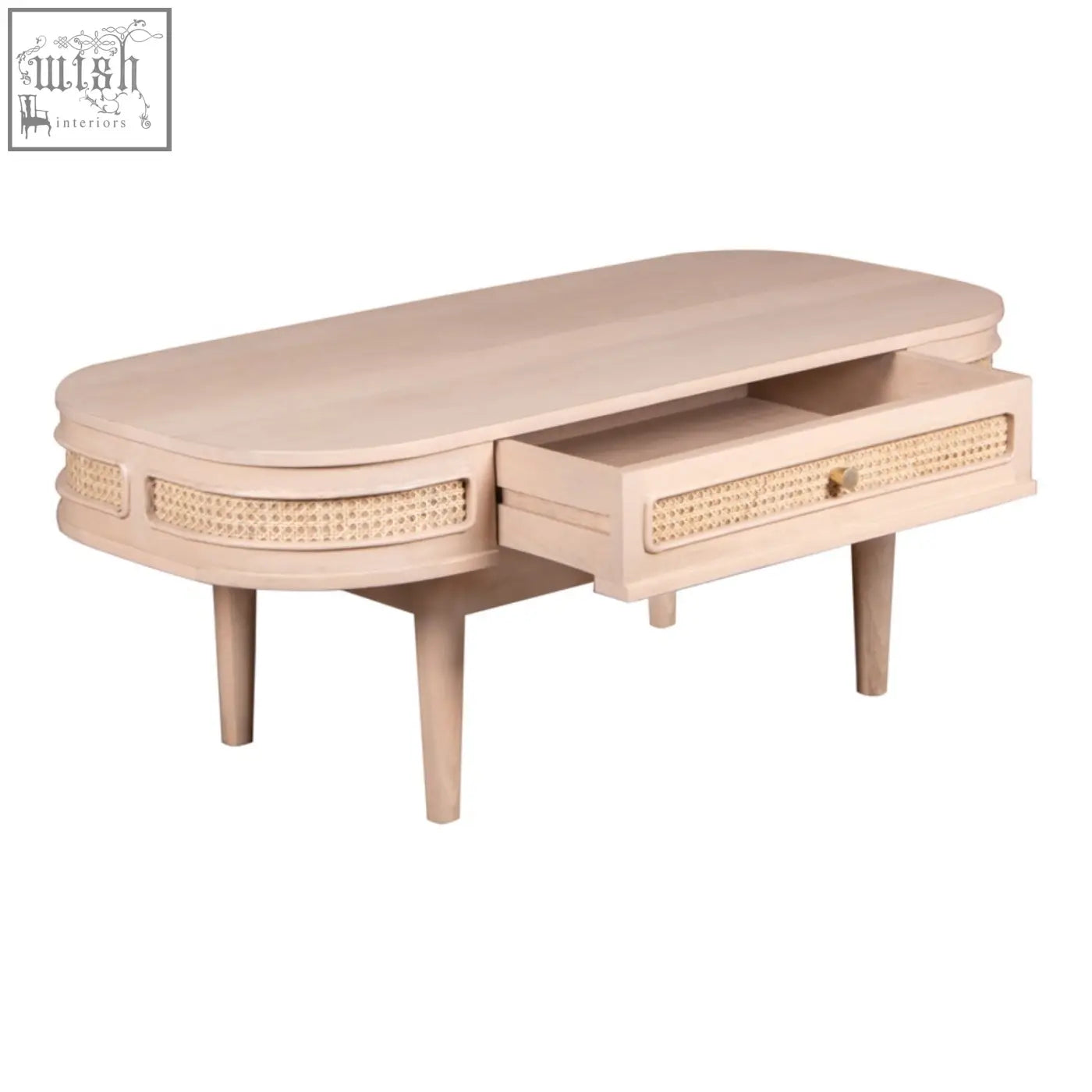 Beige oval chester cane and wood coffee table with woven cane drawer fronts and natural materials features