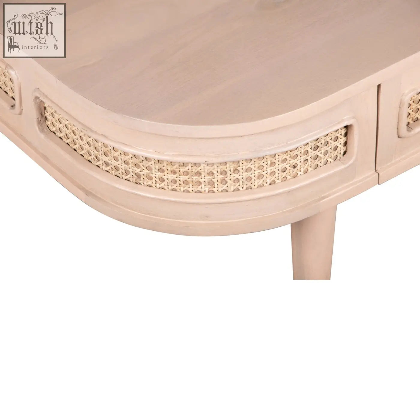Beige wooden coffee table with woven cane accents along curved edge featuring natural materials and one drawer design