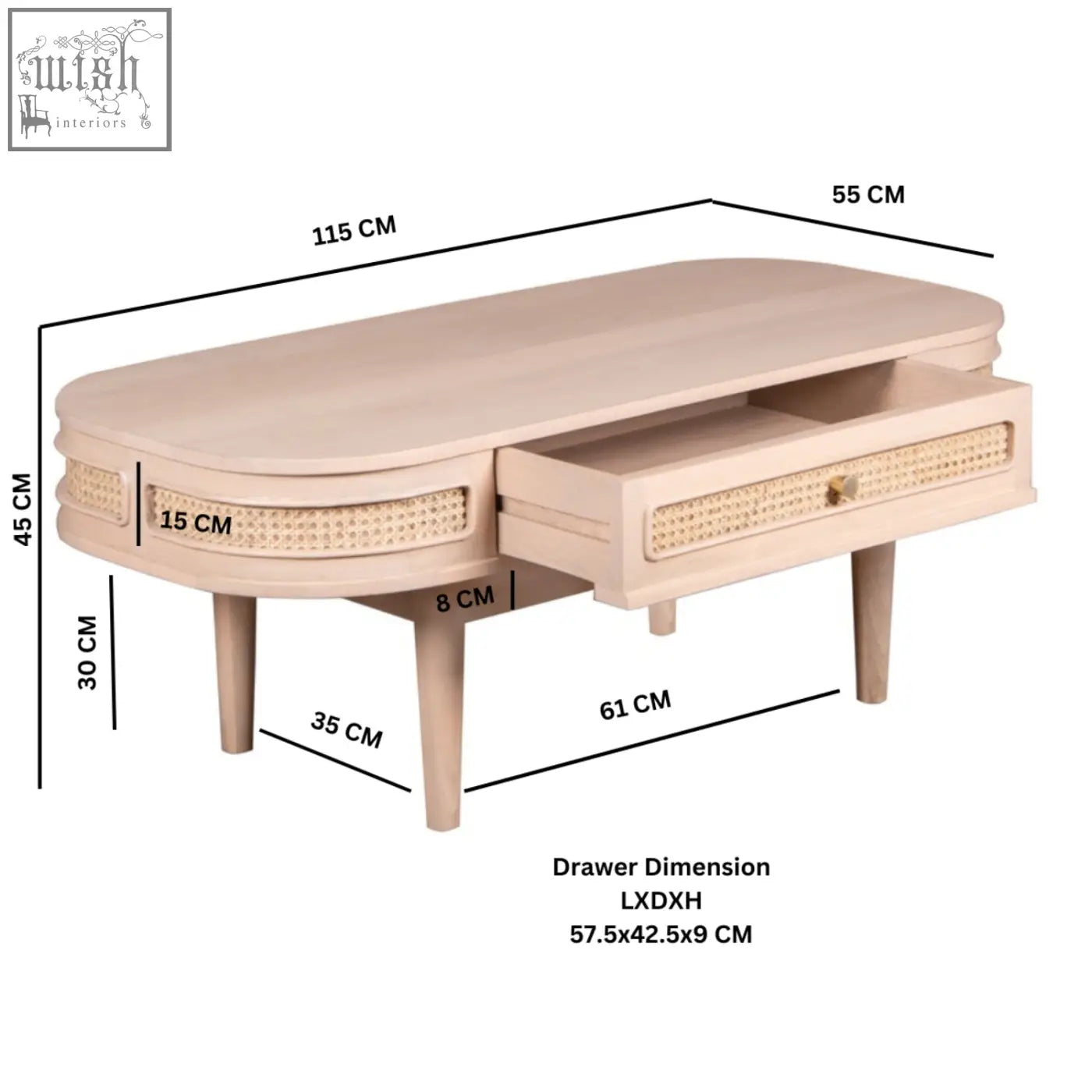 Light wood coffee table with two drawers featuring woven cane accents and tapered legs made of natural materials