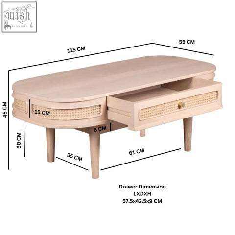 Light wood coffee table with two drawers featuring woven cane accents and tapered legs made of natural materials