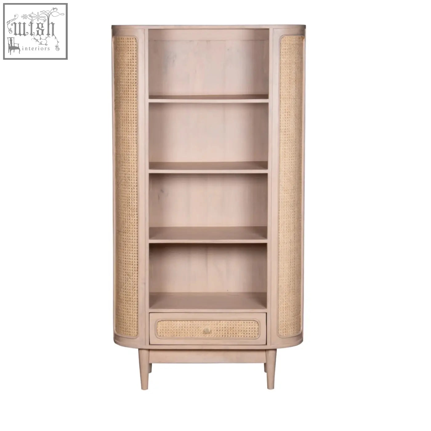 Beige chester cane bookcase with mango wood frame, woven cane panels, rounded edges, and expansive shelves
