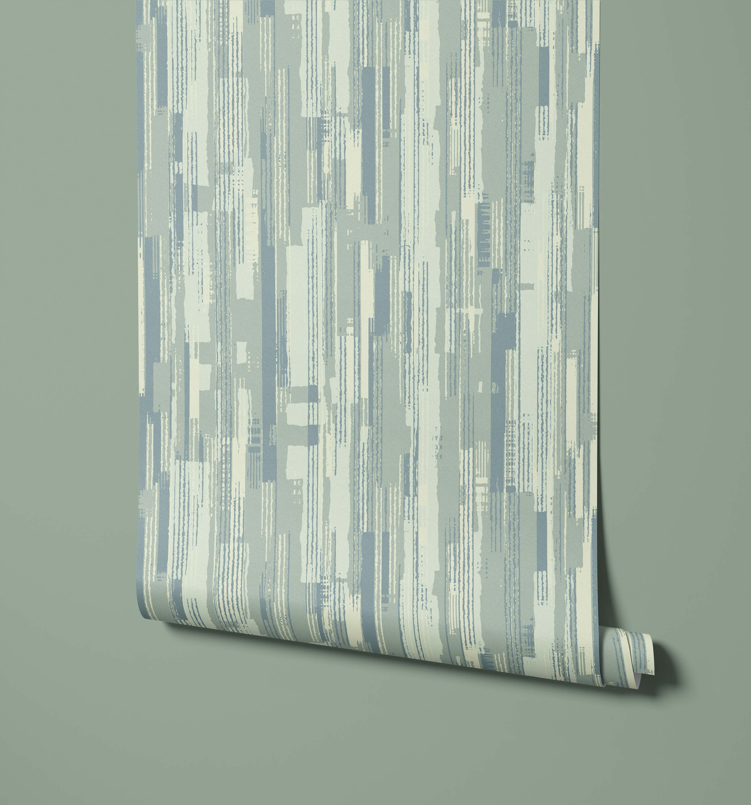 A roll of chester wallpaper with modern abstract vertical stripes in gray blue and off white shades